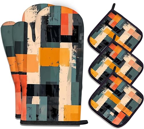 MCALK Juego de 5 manoplas de horno y soportes para ollas, guantes abstractos para horno y almohadillas calientes para cocina de cocina, manoplas de