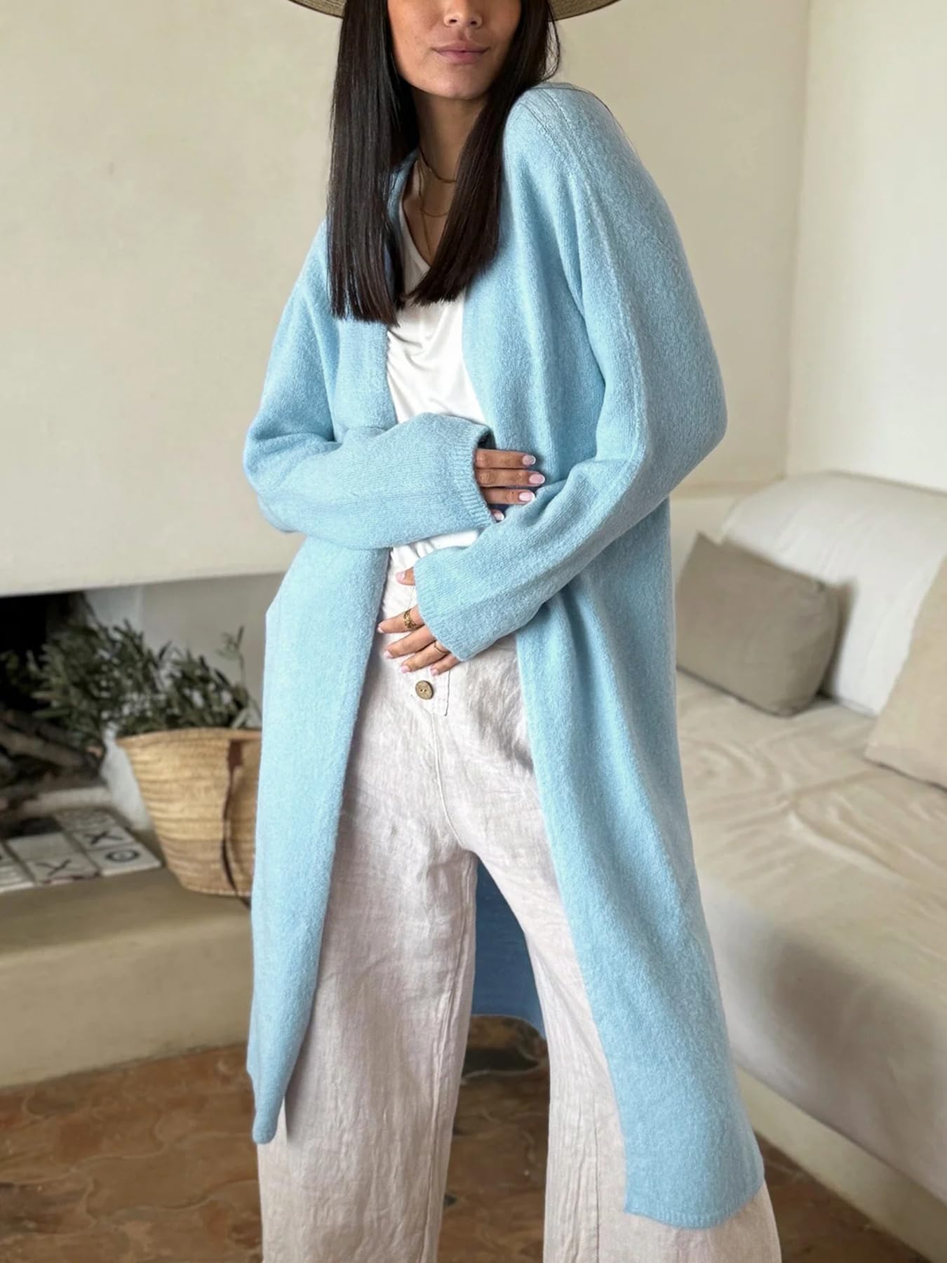 Gilet Long pour Femme Pull Ouvert sur Le Devant Manches Longues Style Maxi | Bleu Clair Ample Décontracté en Maille Épaisse Idéal pour L'Automne l'hiver Les Voyages Et Le Quotidien