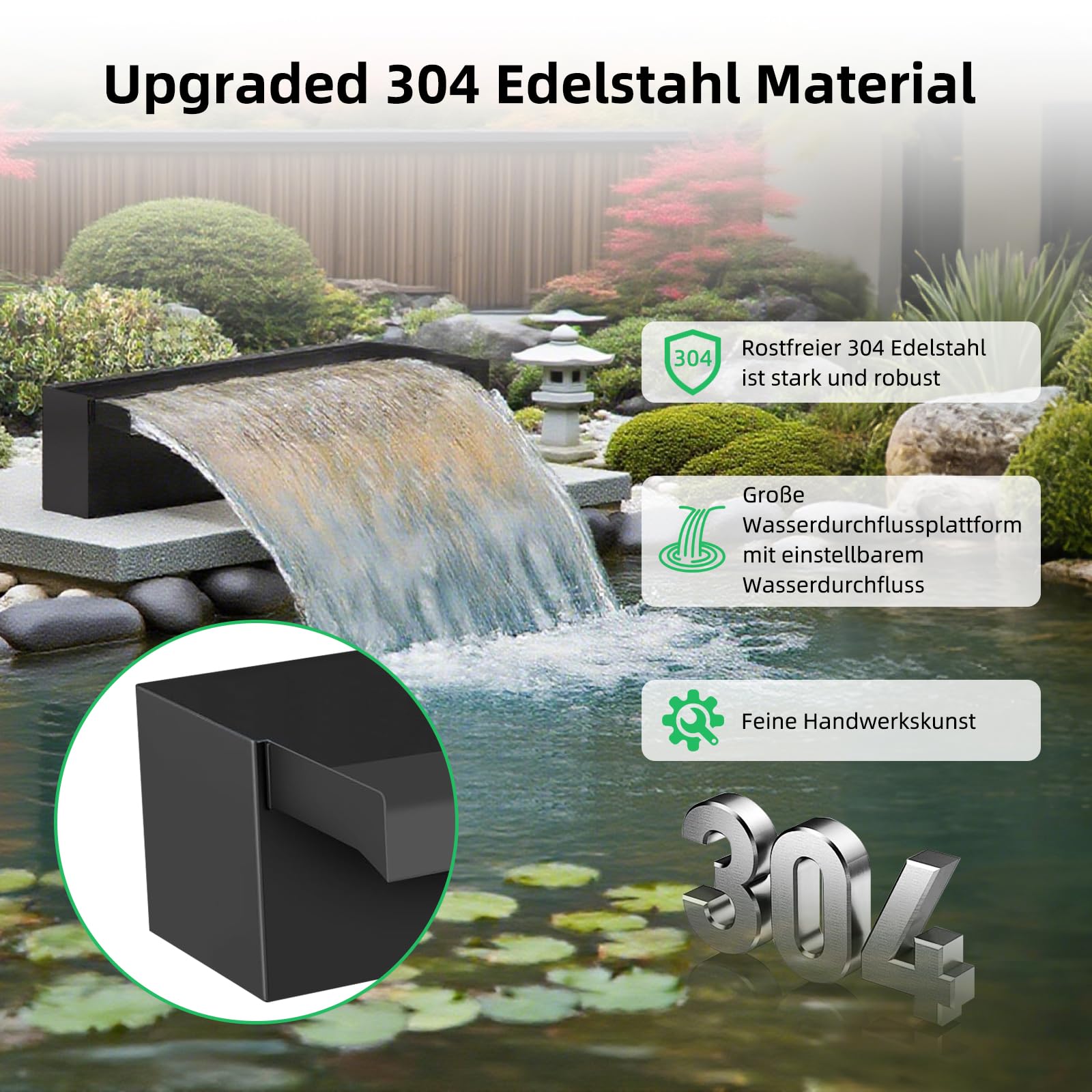 Schwarze Edelstahl Teich Wasserfall Spillway Pool Brunnen Wasser Feature, 45W 3000L/H with Pumpe, Teichüberlauf mit Pumpe und Wellrohr mit Filtermedien, für Terrasse Wasserwand