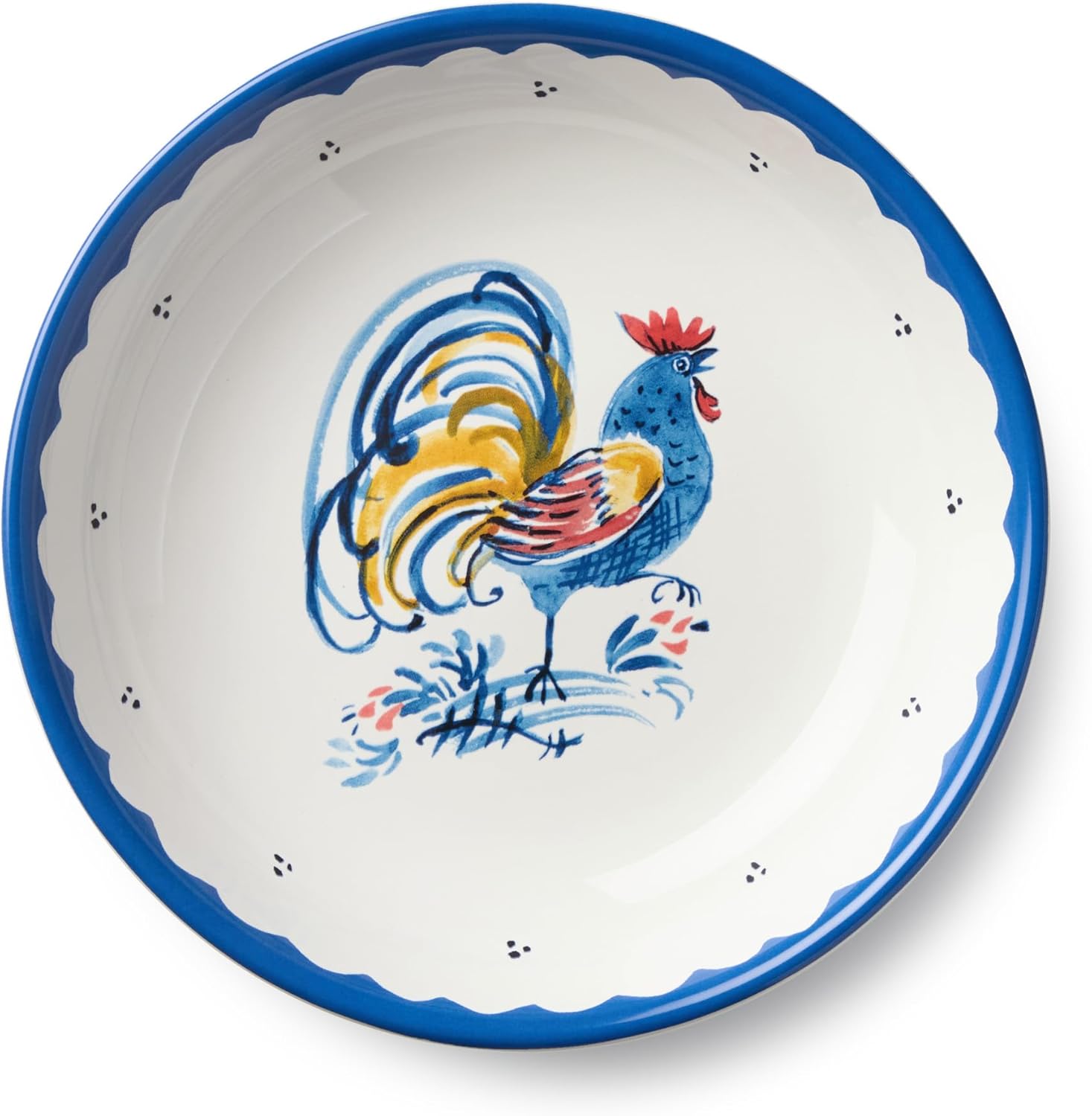 French Rooster Ceramic SOUP/CEREAL BOWLS, SET OF4, 9 x 2 inch bowls with classic rooster motifs and cobalt borders, perfect for soups, pasta, salads, country farmhouse kitchens