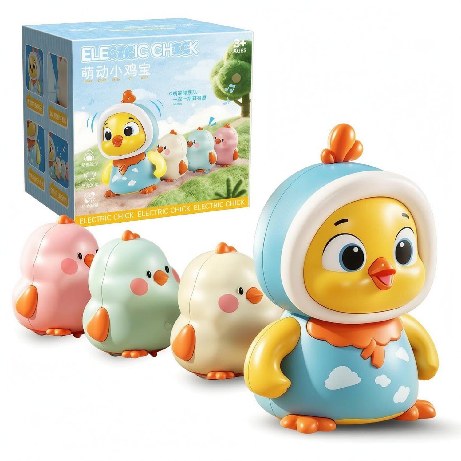 4 pieces battery-powered electric chick toy cartoon style | crawling chick toy music and sound moving bird decoration attention training, giftbox set