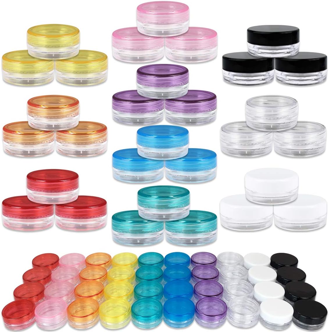 Beauticom® 120 Pieces 3G/3ML Empty Clear Container Jar with MultiColor Lids for Makeup Cosmetic Samples, Small Jewelry, Beads, Nail Charms and Accessories