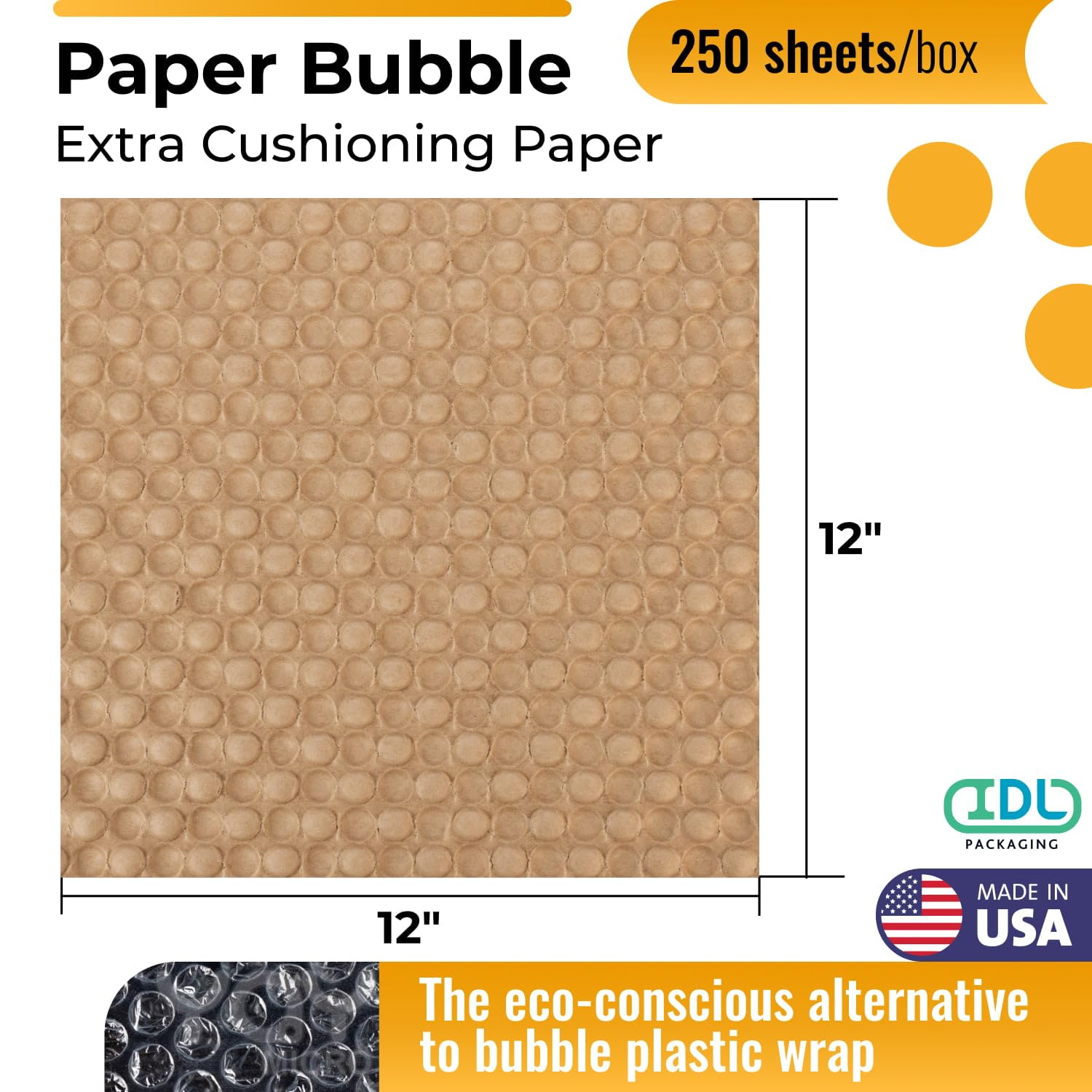 IDL Packaging Papierowe arkusze bąbelkowe 30 cm x 30 cm, przyjazna dla ziemi alternatywa dla plastikowych bąbelków, 250 arkuszy/pudełko, rozmiar bąbelków 9,5 cm, materiał amortyzujący do pakowania, do