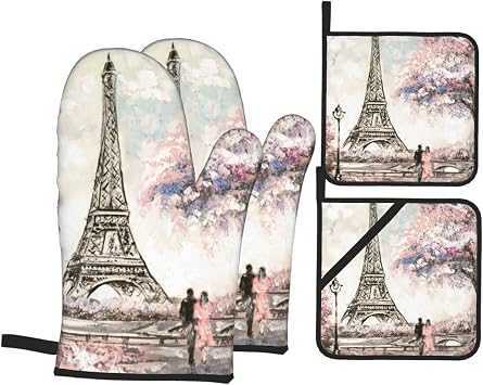 Paris Eiffel Tower Oven Mitts and Pot Holders Set of 4, Oven Mittens and Potholders Heat Resistant Gloves for Kitchen Cooking Baking Grilling BBQ