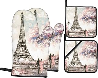 Paris Eiffel Tower Oven Mitts and Pot Holders Set of 4, Oven Mittens and Potholders Heat Resistant Gloves for Kitchen Cooking Baking Grilling BBQ