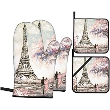 Paris Eiffel Tower Oven Mitts and Pot Holders Set of 4, Oven Mittens and Potholders Heat Resistant Gloves for Kitchen Cooking Baking Grilling BBQ