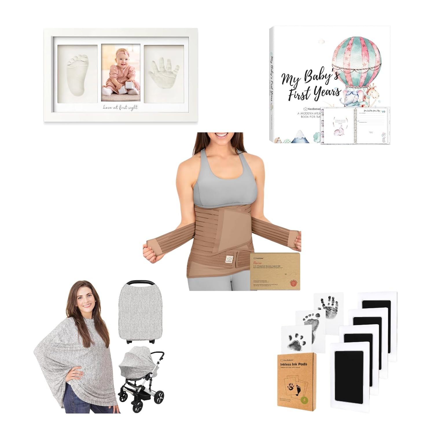 KeaBabies 3in1 Postpartum Belly Band with Infant Hand and Footprint Frame, Baby Memory Book, 4-Pack Inkless Ink Pads, and Multi-Use Nursing Cover - Thoughtful Keepsake and Care Gift Set for Moms