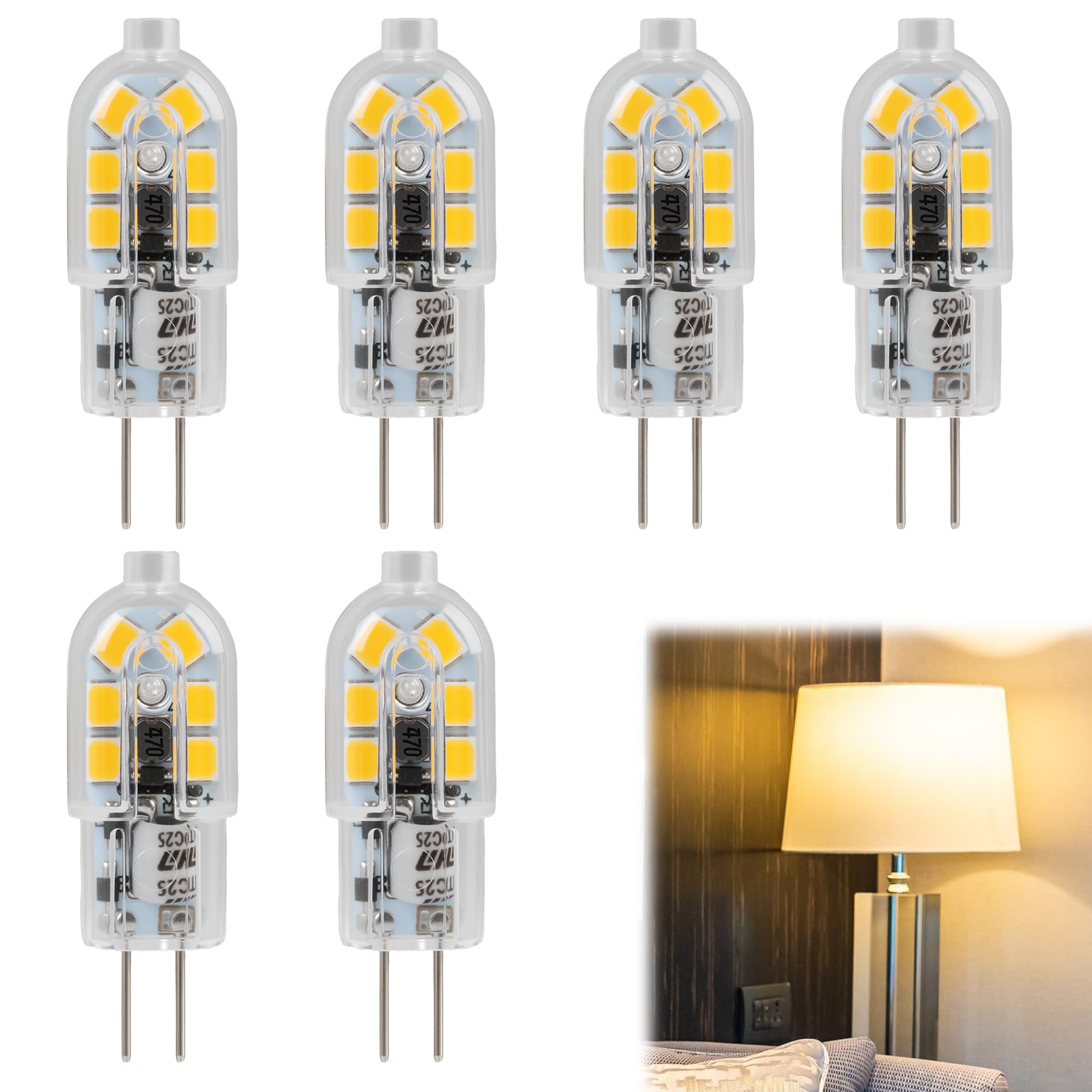 6 Pack 2W G4 LED Bulb Warm White 3000K, G4 LED Capsule Bulb Replacement for 20W Halogen Bulbs Non Flicker AC DC 12V Light 180 Lumens 360ยฐ Beam Angle for Pendant Lamps Ceiling Kitchen Non Dimmable