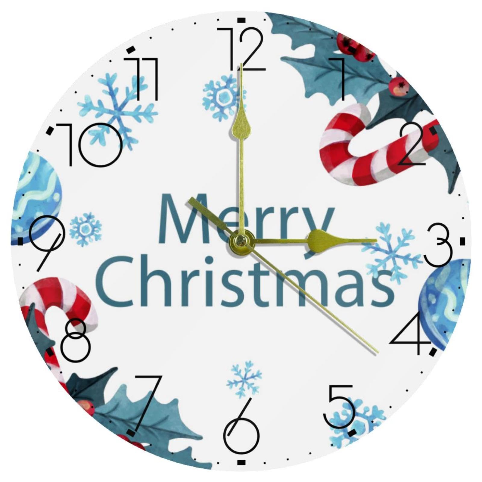 Horloge murale silencieuse de 25cm avec motif de Noël et fond bonbon pour salon