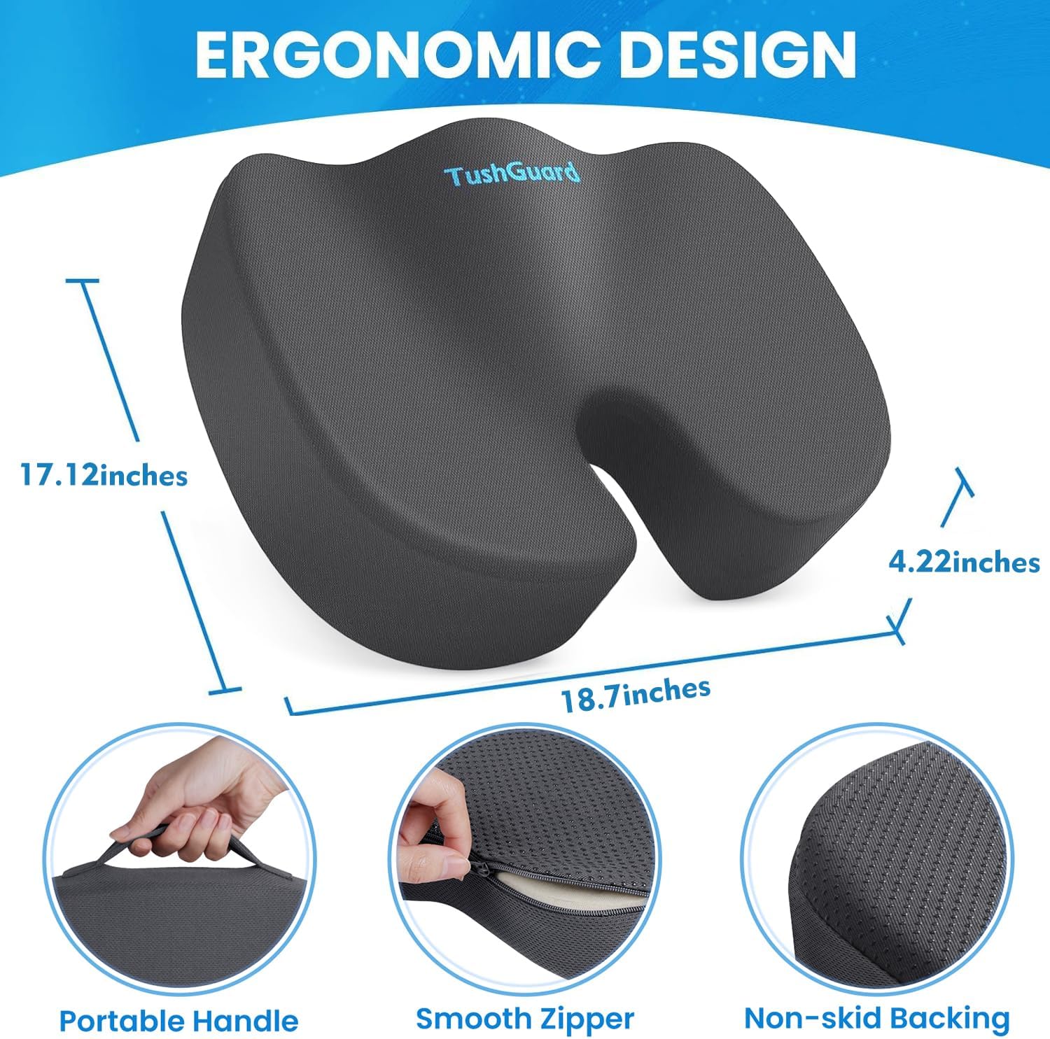 TushGuard Seat Cushion, Office Chair Cushions, Car Seat Cushion, Non-Slip Sciatica & Back Coccyx Tailbone Pain Relief Chair Pad, Memory Foam Butt Pillow for Computer Desk, Office(Gray, XXL)