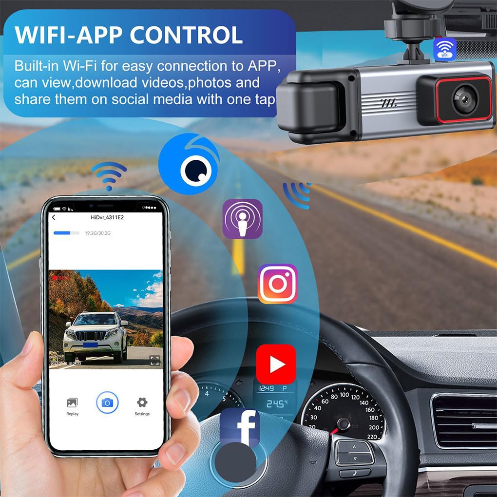 Dash Cam versatile per auto 1080P con telecamere anteriori, posteriori e per abitacolo per una copertura completa Registrazione HD Schermo diviso