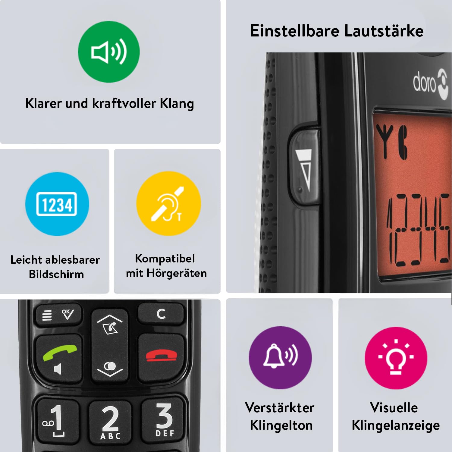 DORO - Doro PhoneEasy 100w - Schnurloses Festnetztelefon - Große Displayanzeige - Extra große Tasten - Freisprechfunktion - Lauter Klingelton - Lautstärkeregler - Schwarz