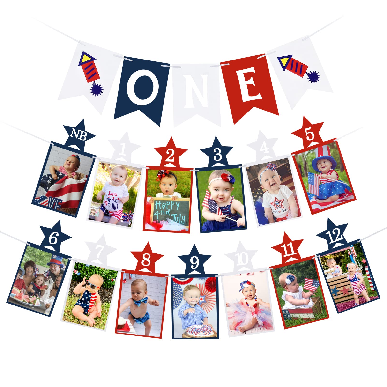 4th of July 1st Birthday Photo Banner for Newborn to 12 Months, Little Firecracker 1st Birthday Banner for 4th of July First Birthdays Decorations