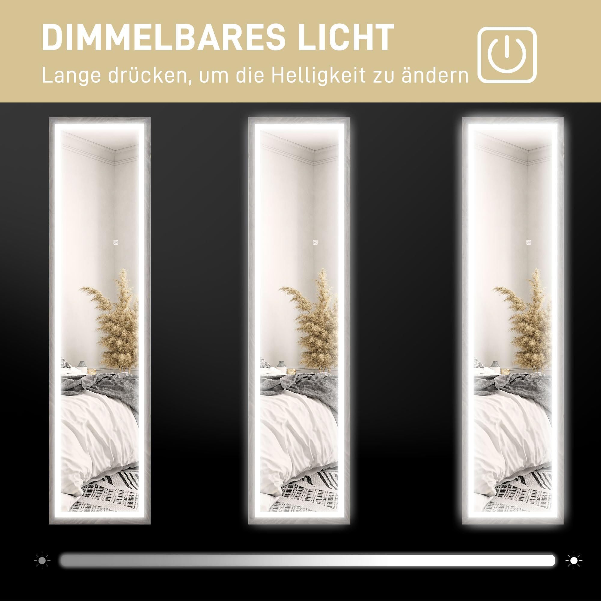 HOMCOM Ganzkörperspiegel 40 x 160 cm Standspiegel mit LED-Lichte, 3 Lichtfarben, Wandspiegel mit Touch-Steuerung, Bodenspiegel für Schlafzimmer, Wohnzimmer, Grau