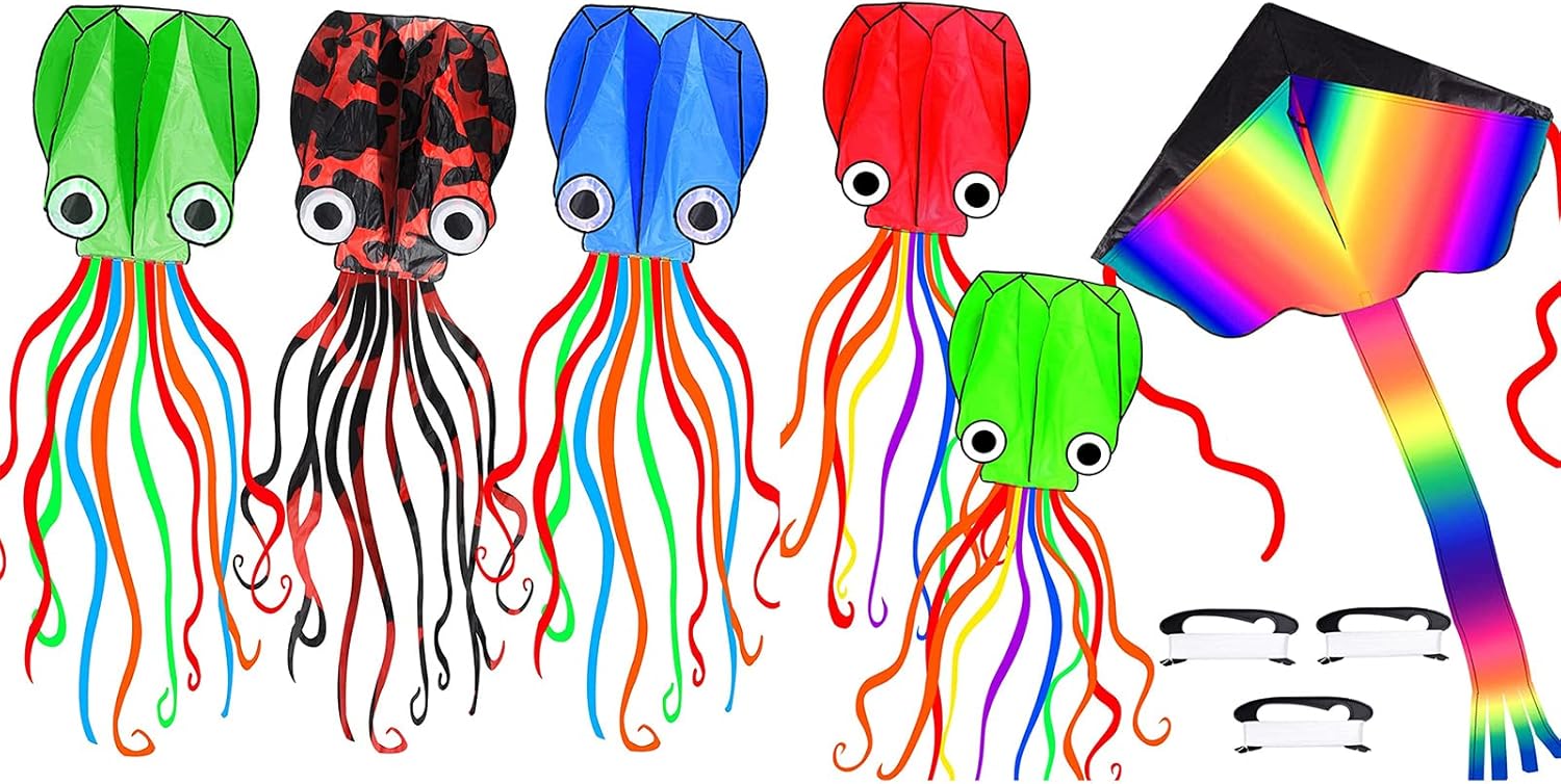 6 Pack Octopus Kite, 3D Kite Long Tail Easy Flyer Kite Beach Kites People Adults Gift Kites for Kids Easy to Fly, Kite Kit with Kite String 100M, Kiteboarding Kite for Adults
