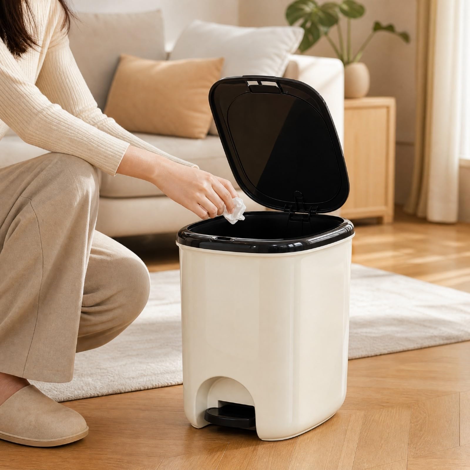 Cubo 20 Litro Pedal Higiénico Papelera con Tapa Abatible y Anillo Retenedor Compacto Barero con Tapa para Hogar, Cocina, Negro, 20L