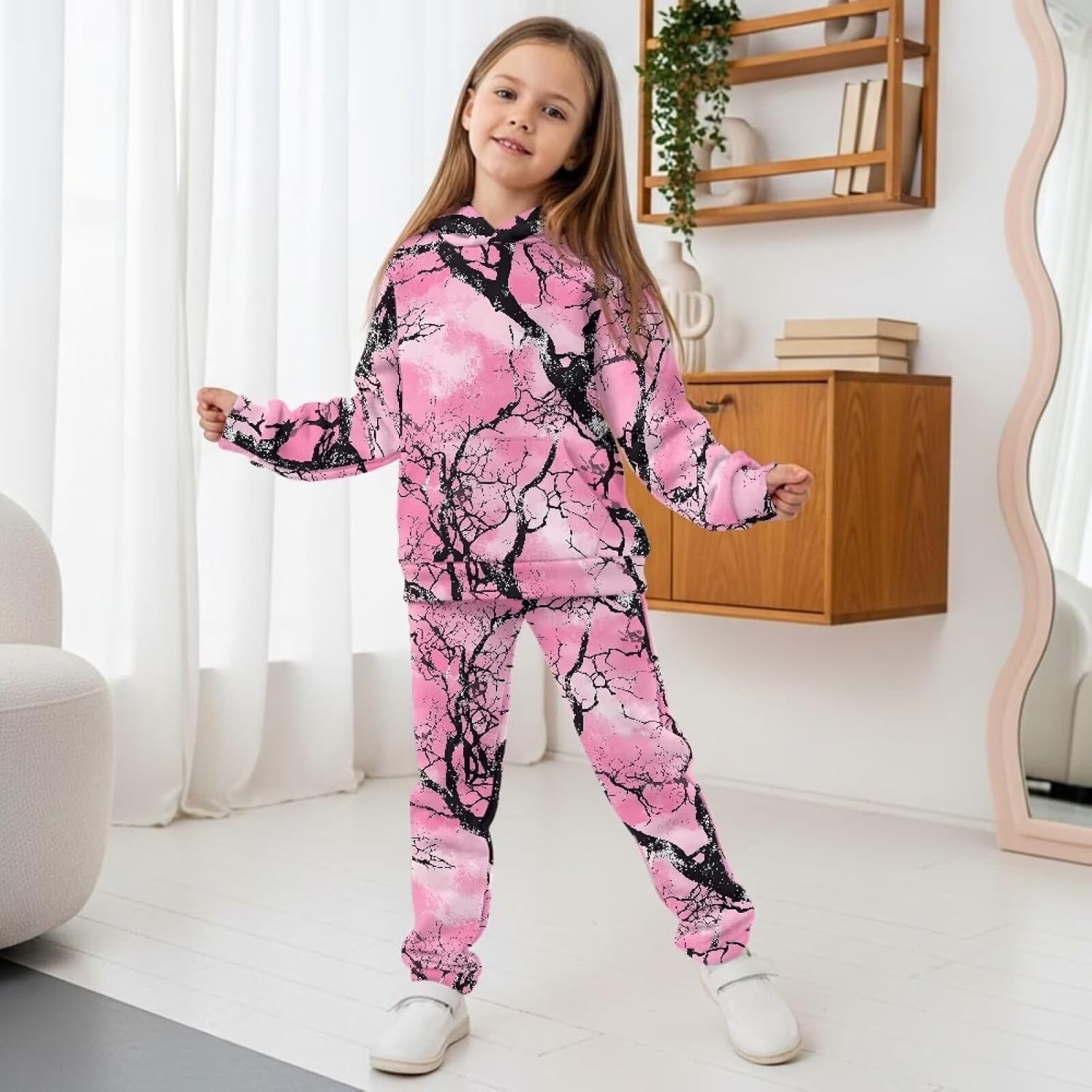 Girls Fall 2 Piece Outfits 5-12Y Kids Graphic Hoodie Sets Long Sleeve Hooded Sweatshirt and Sweatpants Sets