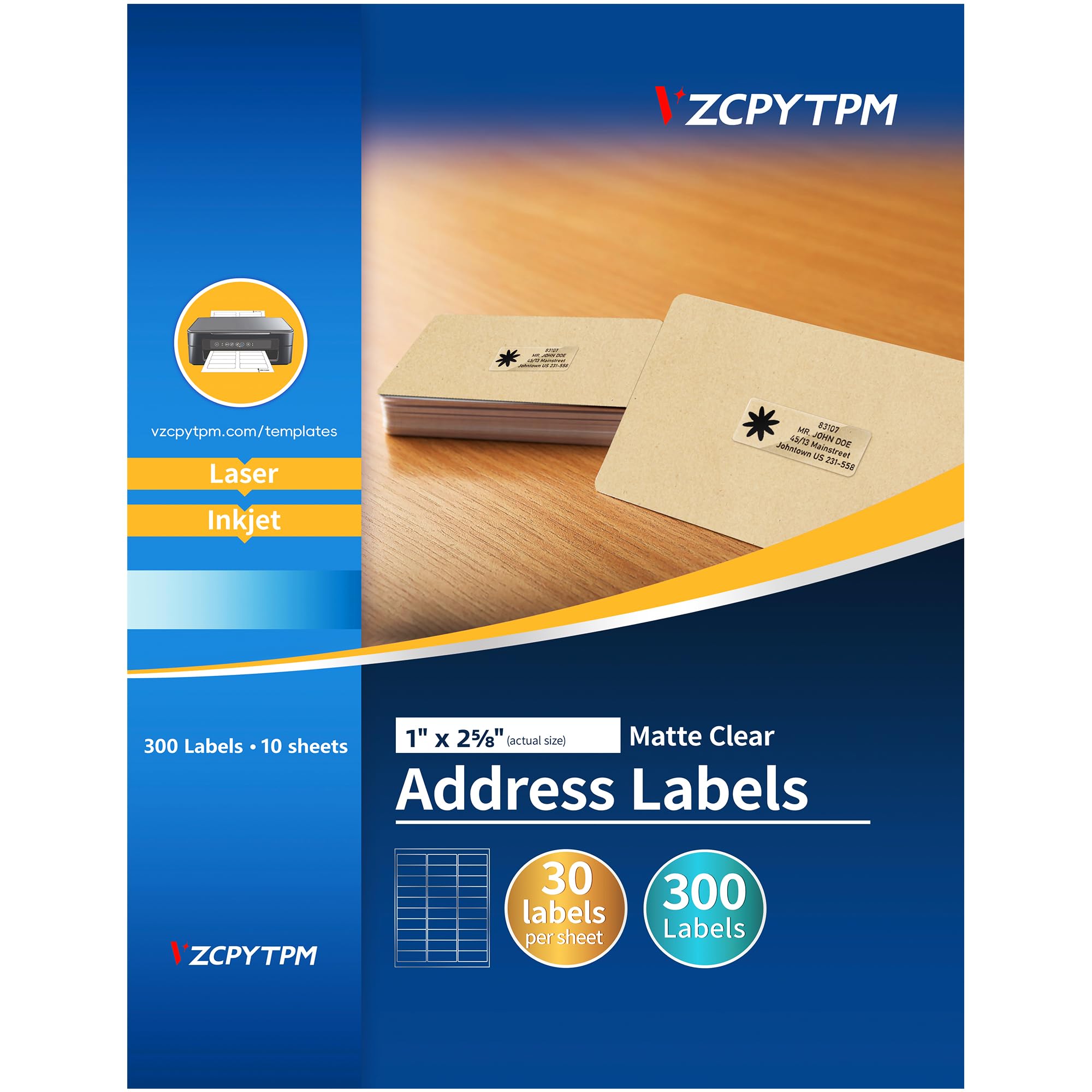 VZCPYTPM Etichette per indirizzi stampabili, 1 "x 2-5/8" per stampante, 300 in totale, etichette trasparenti per indirizzi di ritorno per buste, imballaggi, ufficio o uso domestico