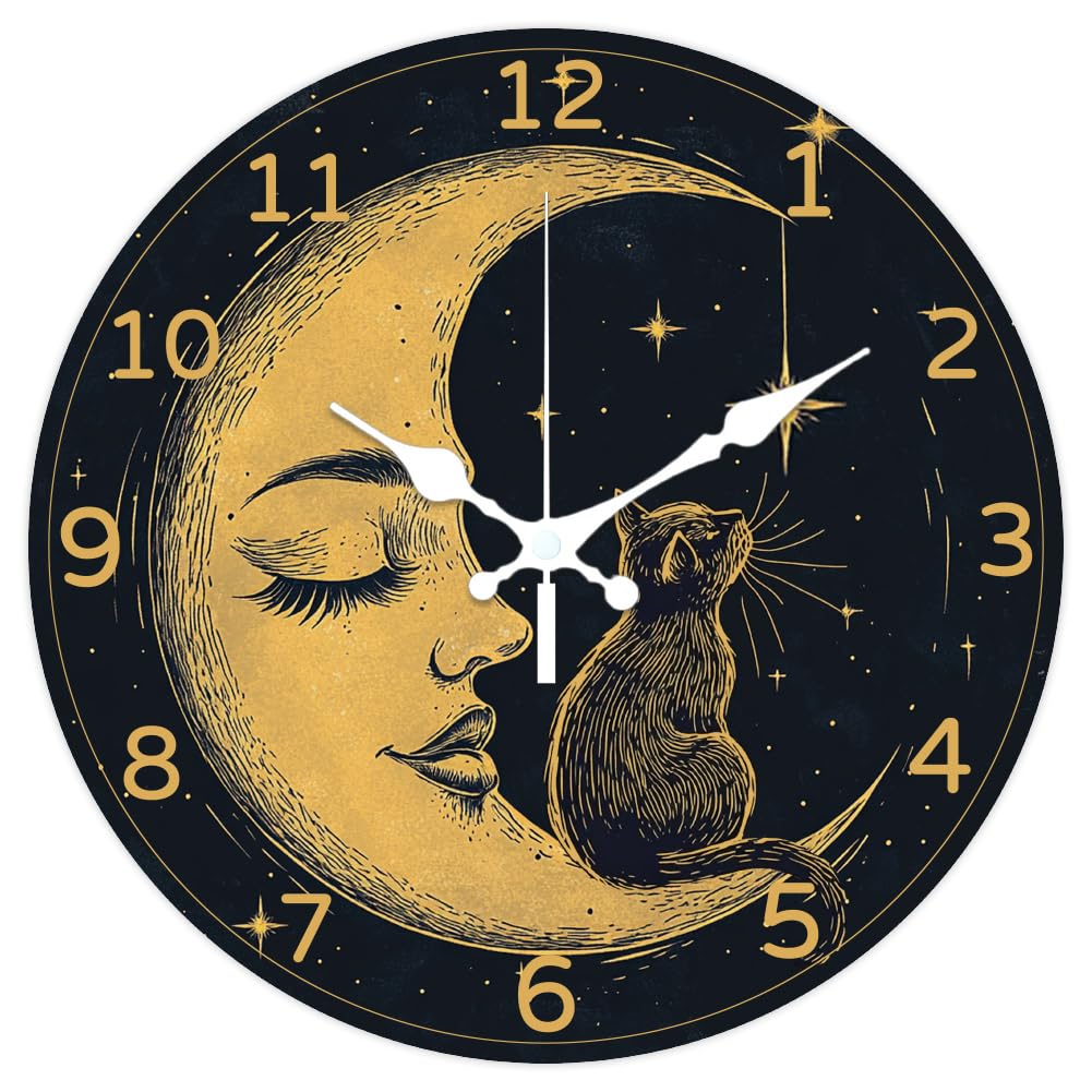Horloge murale en bois 30,5 cm CHGCRAFT silencieuse à piles avec motif chat étoiles