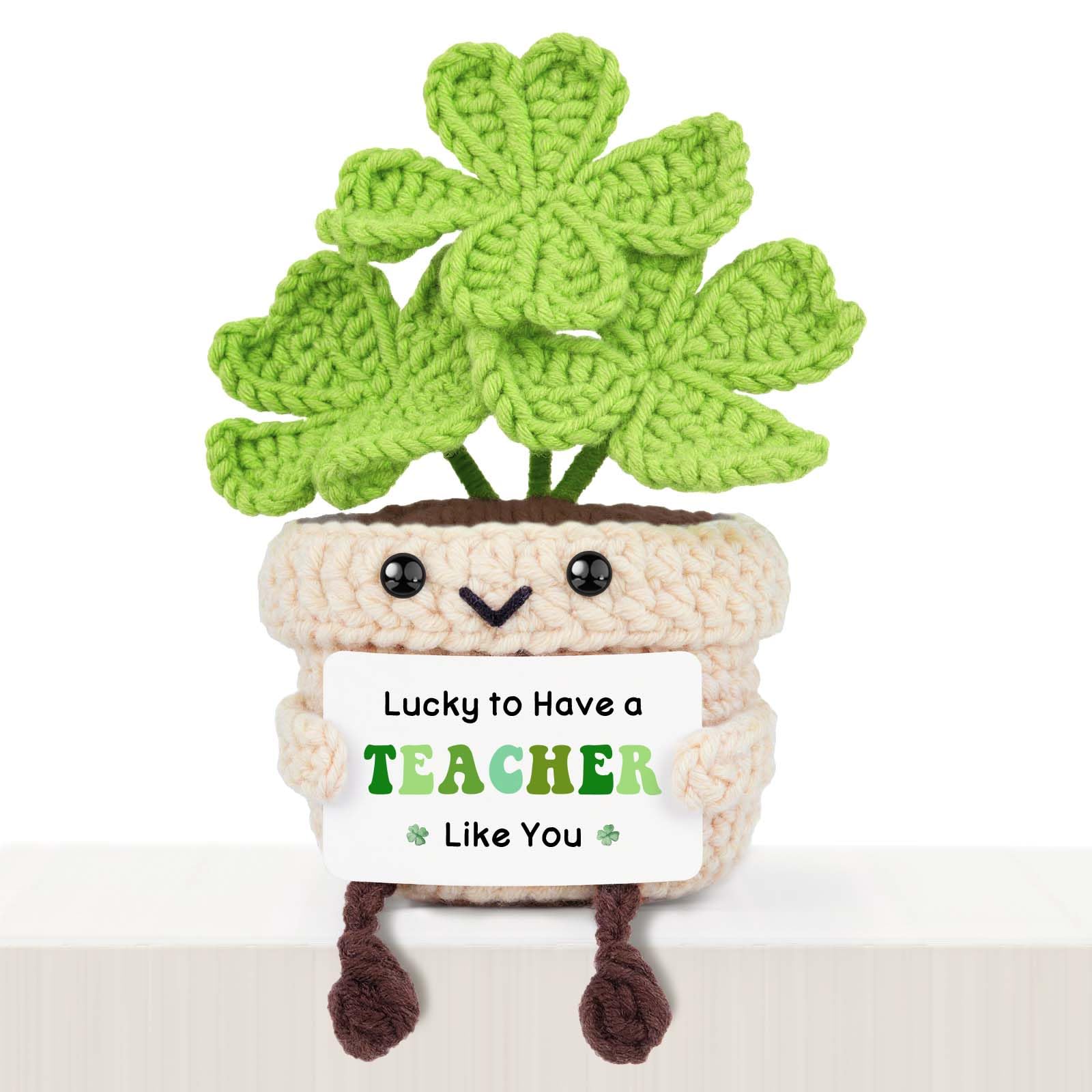 Giftasy Teacher Gifts - Handmade Crochet Clover with “Lucky to Have a Teacher Like You” Card - Thank You Teacher Gifts for Teacher’s Day, Graduation, End of Year - Cute Desk Decor Keepsake