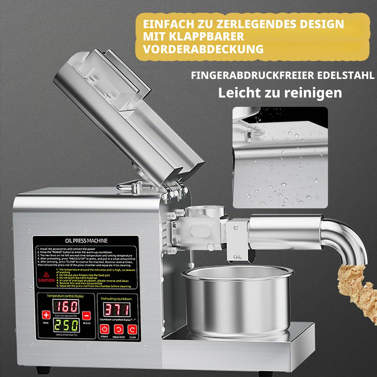 Automatische elektrische Edelstahl Ölpresse 1100W, 6L Trichter, Heiß- & Kaltpressung (40°C–260°C), Öl Pressmaschine für Walnüsse, Sesam & Sojabohnen – Haushalt & Gewerbe