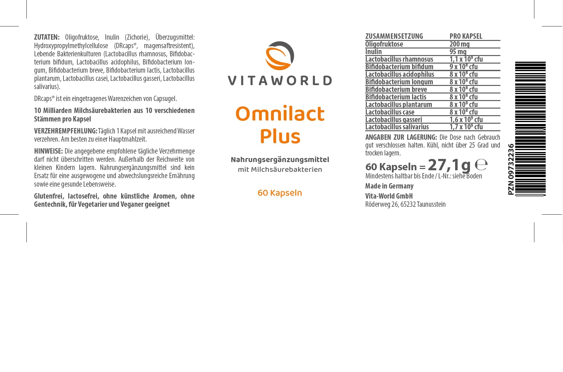 3er Pack Vita World Omnilact Plus 3 x 60 Kapseln Apotheker-Herstellung Probiotikum Vegan