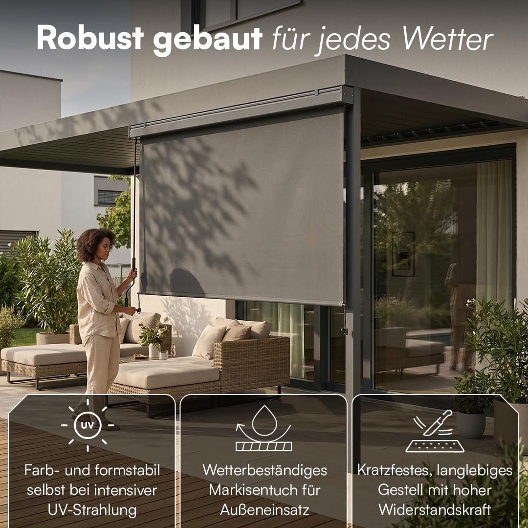 STEELSØN Azurian Senkrechtmarkise außen – Sichtschutz Balkon 200x250 cm – Außenrollo mit Handkurbel Anthrazit – Balkonmarkise als Windschutz, Sonnenschutz – Vertikalmarkise wetterfest inkl. Montageset