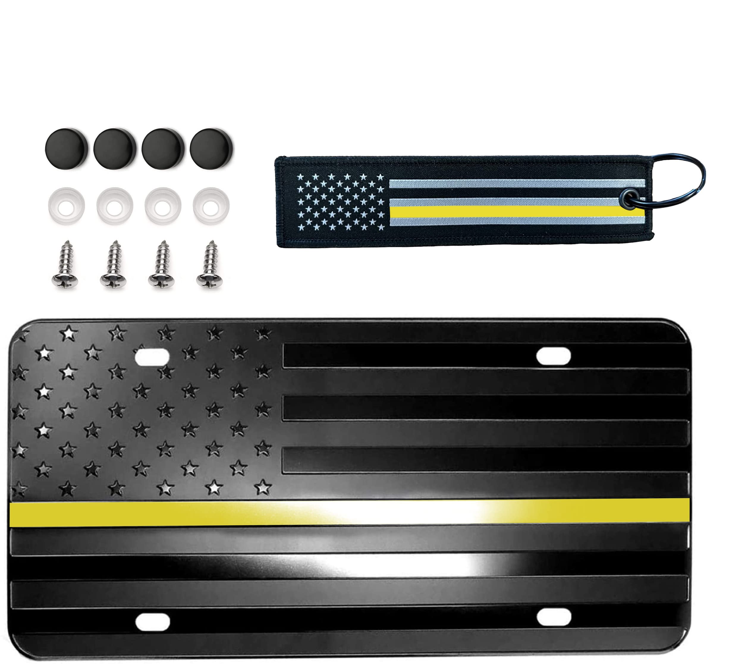 American Black USA Emergency Dispatchers Safety Telecommunication Support Honoring Embossed Flag Aluminum 4 Hole Novelty License Plate, 3D Stars Stripes Textile US Flag Keychain (Yellow LINE)
