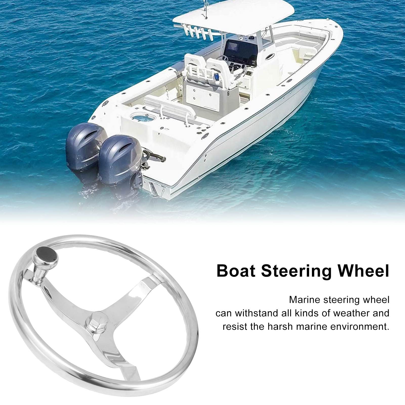 Volante a 3 Razze, Volante in Acciaio Inossidabile 316 a 3 Razze 13,5 Pollici con Manopola Girevole 5/8 Pollici ‑18 per Yacht