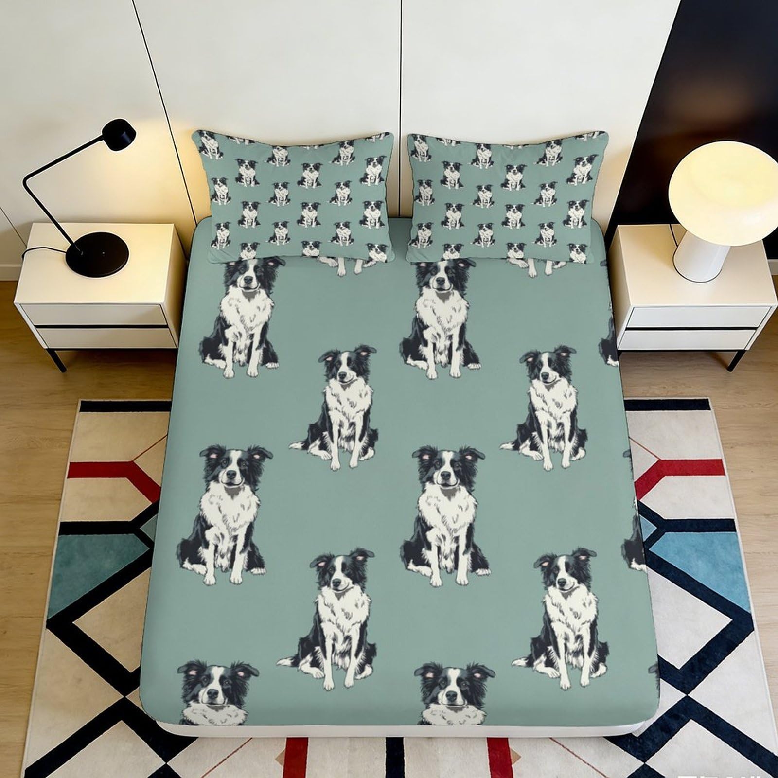 3D Printed Border Collie Pattern Fitted Sheet Microfiber Durable Soft Blue Dog Print Mattress Cover for Bedroom Dormitory Guest Room Easy Care 90x200x25cm
