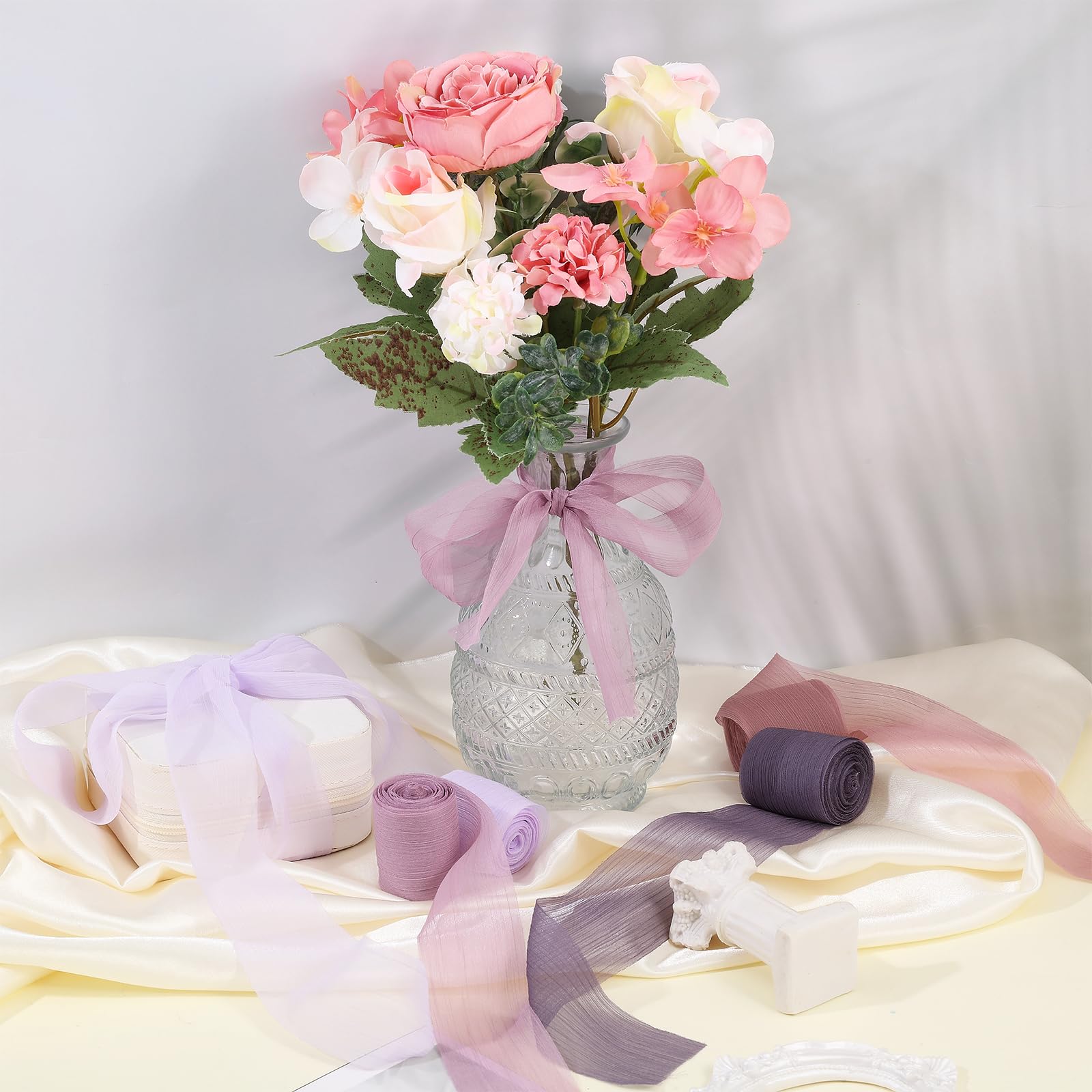 Chiffon-Knisterband, 4 Rollen, 15 m x 3,8 cm, Seidenband, Tüll, lila, für Hochzeit, Brautstrauß, Dekoration, Geschenkverpackung, Einladungen, Basteln