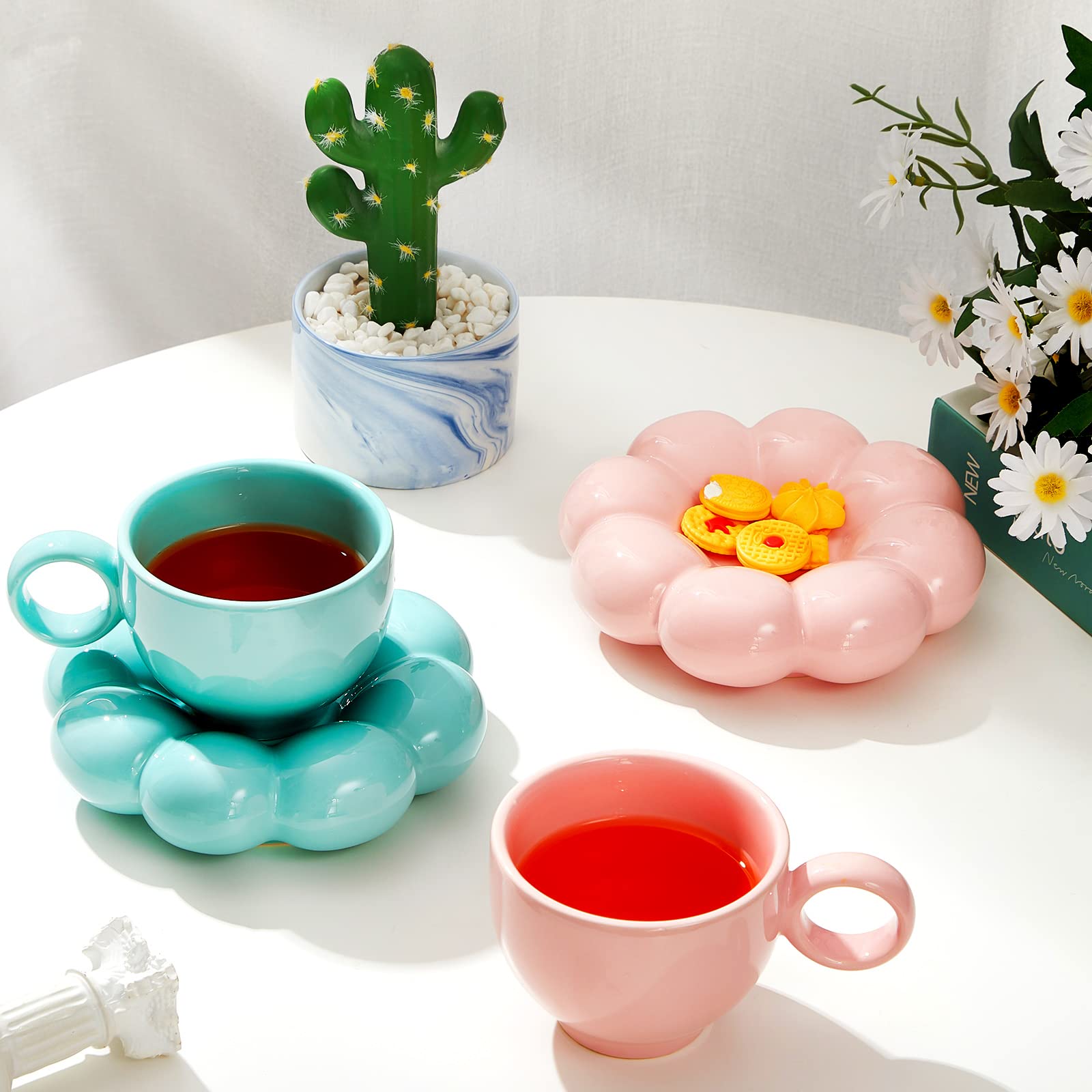 Goaste 2 Pack Ceramic Coffee Mug With Saucer Set, Cute Cloud Mug With Sunflower Coaster, 8oz Creative Latte Tea Cup For Office, Home, Coffee, Tea, Latte, Milk, Pink, Pearl White - View #2