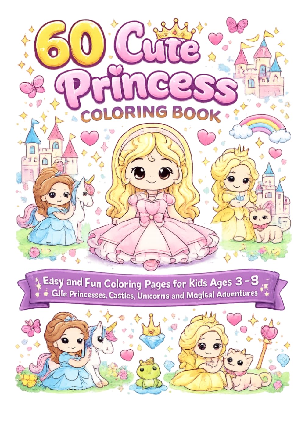60 Cute Princess Coloring Book for Kids: Easy and Fun Coloring Pages for Girls Ages 3–8 | Princesses, Castles, Unicorns, Crowns, and Magical Fun