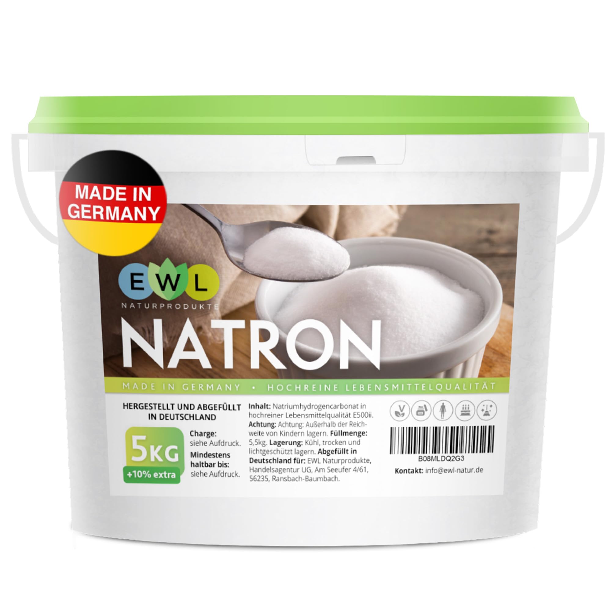 EWL Natron Pulver 5,5kg | Baking Soda | Lebensmittelqualität | Eimer | Deutsche Herstellung & Abfüllung | Wiederverschließbarer & recyclebarer Behälter | Hochrein | Backpulver-Ersatz & Allrounder