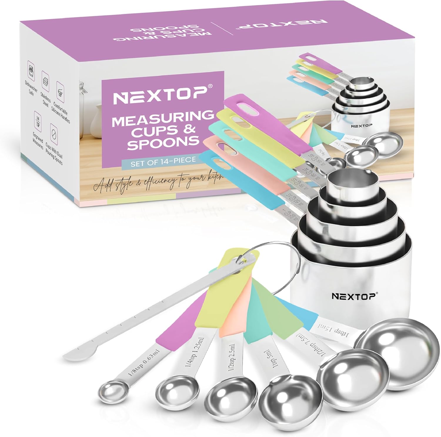 Nextop 14-Piece Stainless Steel Measuring Cups and Measuring Spoons Set with All Stackable Sizes and Leveler for Dry Ingredients, Complete Set for Kitchen & Baking Measuring Tools (Purple Set)
