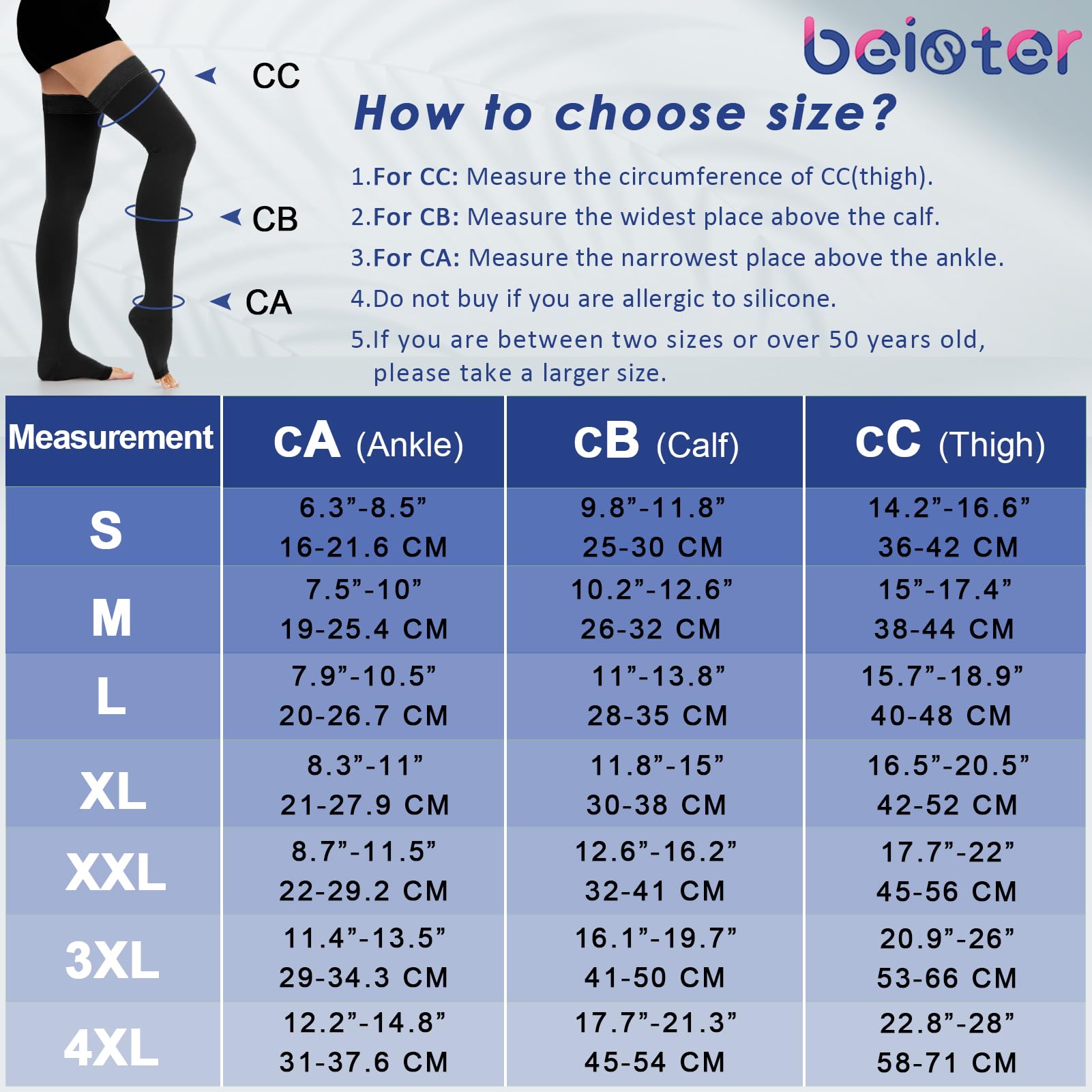beister 15-20 mmHg Chaussettes de compression médicales pour homme et femme - Bout ouvert - Chaussettes de compression longues avec bande en silicone - Bas de contention classe 1 pour varices, œdèmes,
