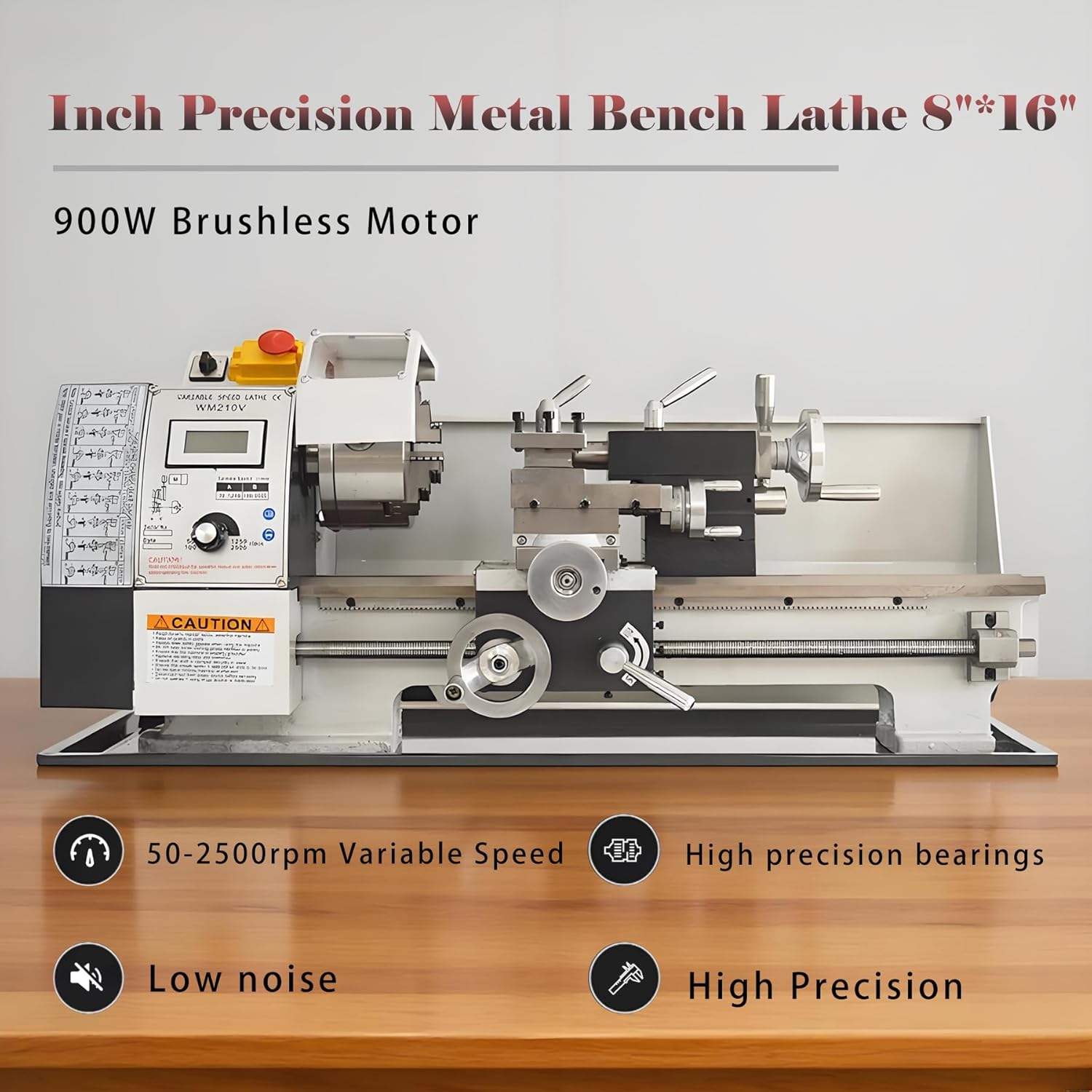 Metal Bench Lathe Benchtop 8"*16" Mini Metal Lathe Inch thread Metal Milling Machine Variable Speed 50-2500rmp for Woodworking Metalworking 110V 900W