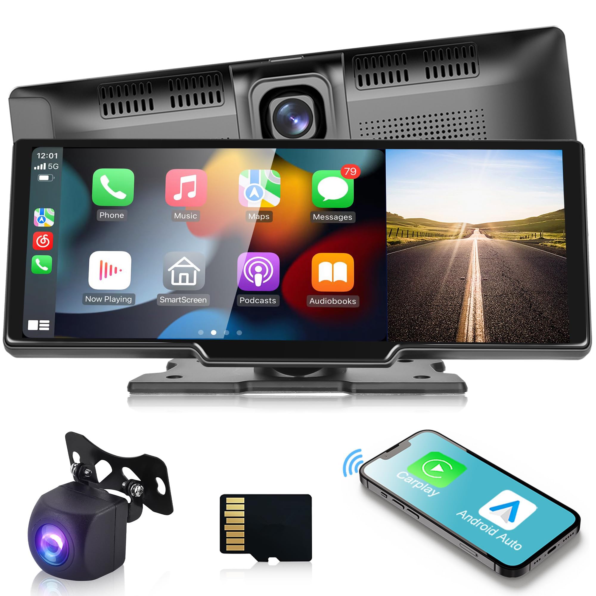 LAMTTO 9 Inch Wireless Car Stereo Apple Carplay with 2.5K Dash Cam