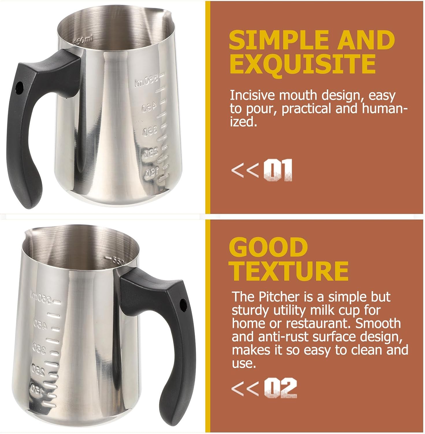 Stainless Steel Milk Pitcher 600ml with Narrow Spout for Latte Art