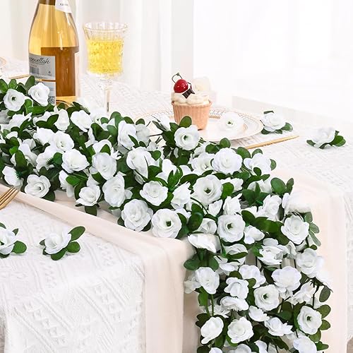 Miniatura 10 de BLEUM CADE 5 guirnaldas de flores artificiales de 41 pies con cadena de luces de 32.8 pies, lindas flores colgantes falsas para decoración de bodas,