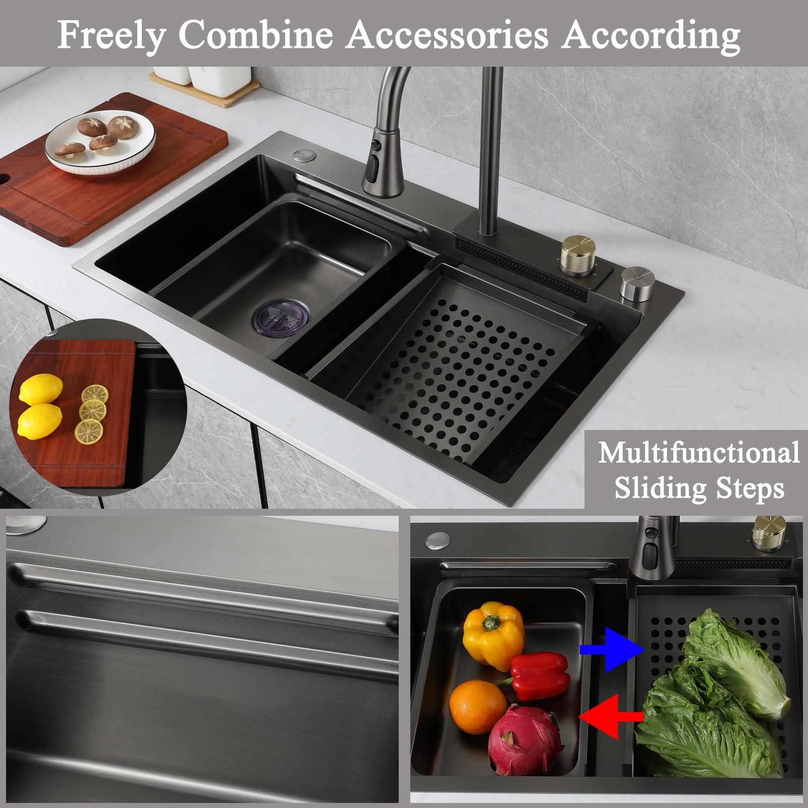 Fregadero De Cocina En Cascada Fregadero De Cocina De Acero Inoxidable Con Montaje Superior Fregadero Nano De Un Solo Tazón Fregadero Multifunción Para Estación De Trabajo Con Grifo Extraíble, 2 Cesta