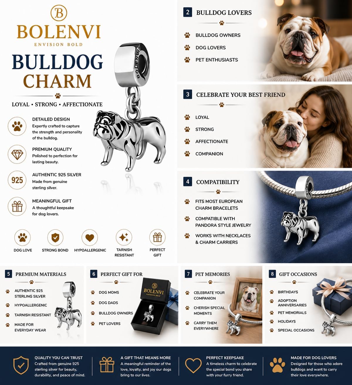 Bulldog Charm, 925 Sterling Silver Bulldog Dog Charm Compatible with Pandora Bracelets & Necklaces, Bulldog Lover Gift, Pet Memorial Jewelry