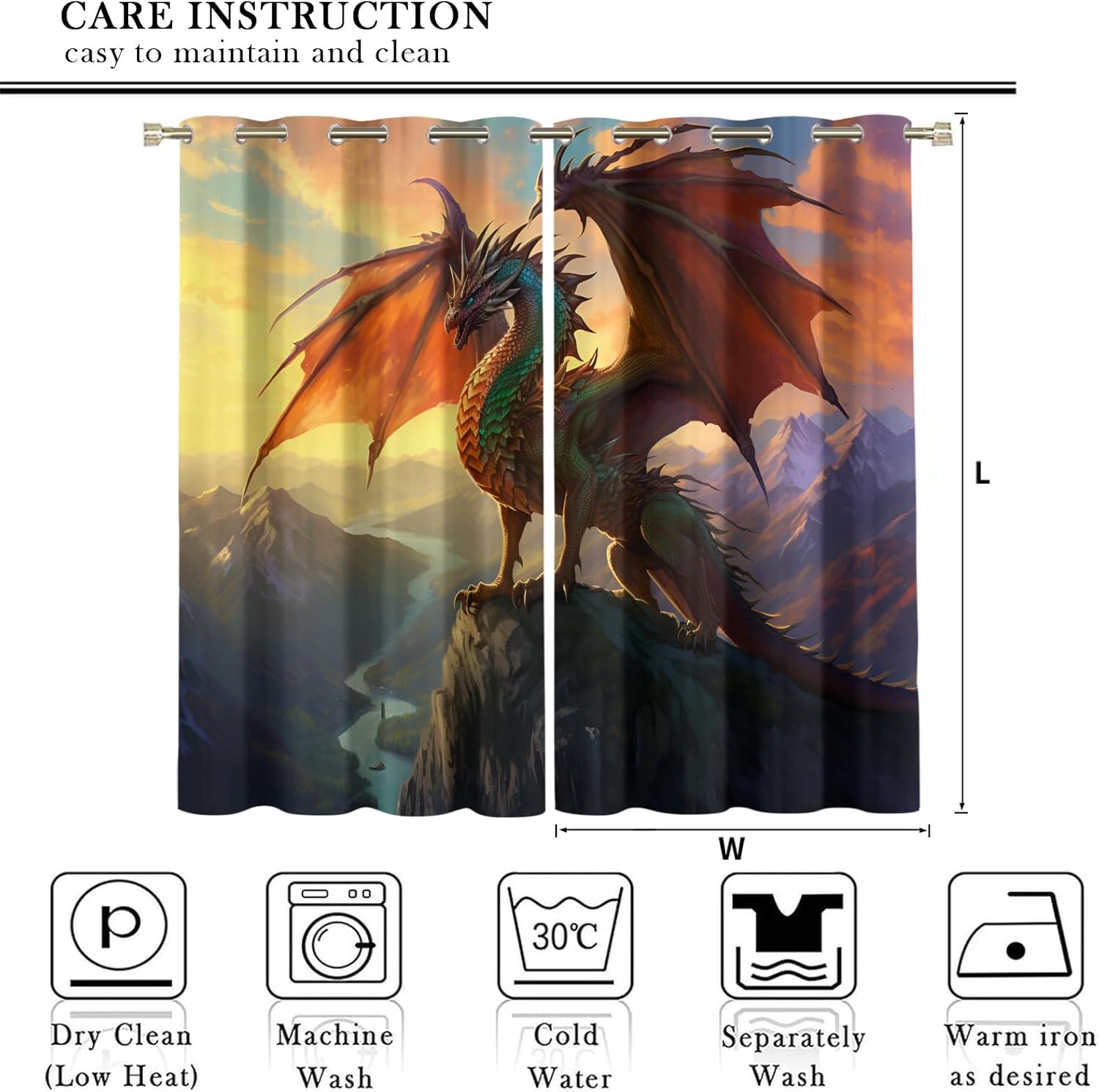 Ancient Flying Dragon Window Treatments 63 inch Long, Mythology Animal Blackout Curtains for Bedroom, Boys Teens Drapes 2 Panels Set, Grommet Thermal Curtains for Kitchen, Dragon Home Decor