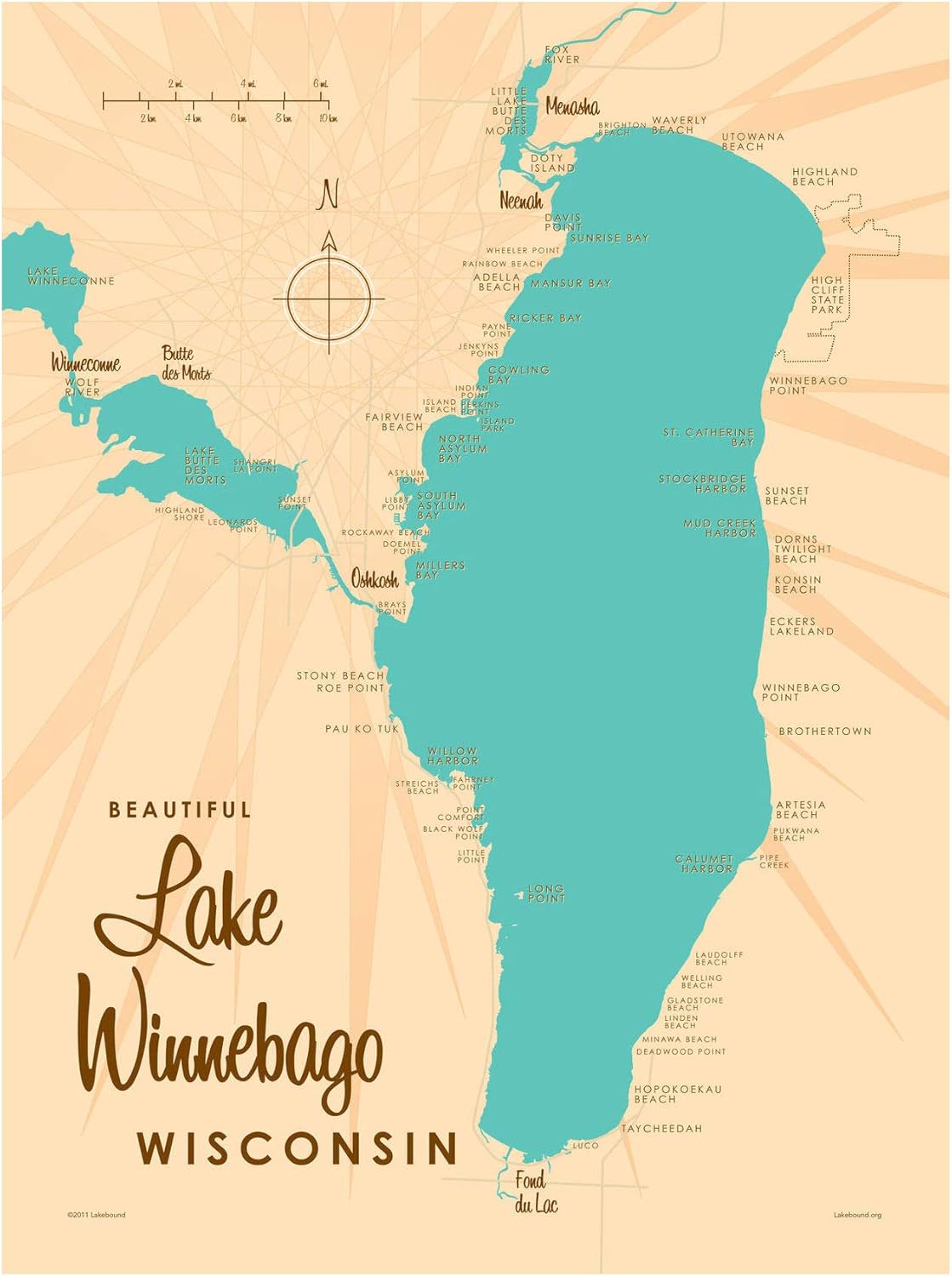 Lake Winnebago Wisconsin Map Giclee Art Print Poster from