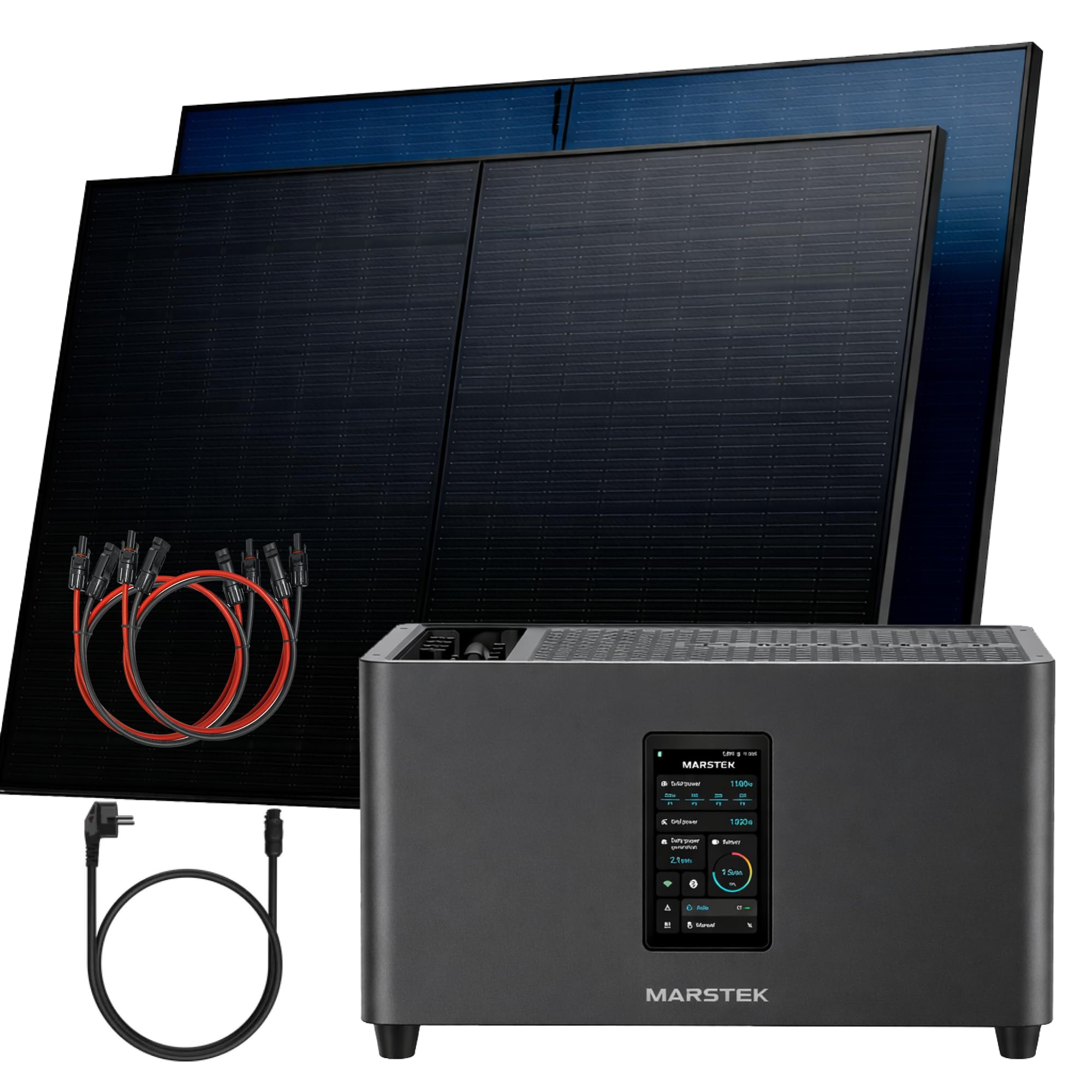 SUNNIVA® 1000W Balkonkraftwerk mit 2,56 kWh Speicher MARSTEK Jupiter C + Plus, BIFAZIAL FULLBLACK komplett Steckdose, PV Solaranlage Komplettset mit Solarspeicher, 2x 500W N-Type Glas Bifacial PV