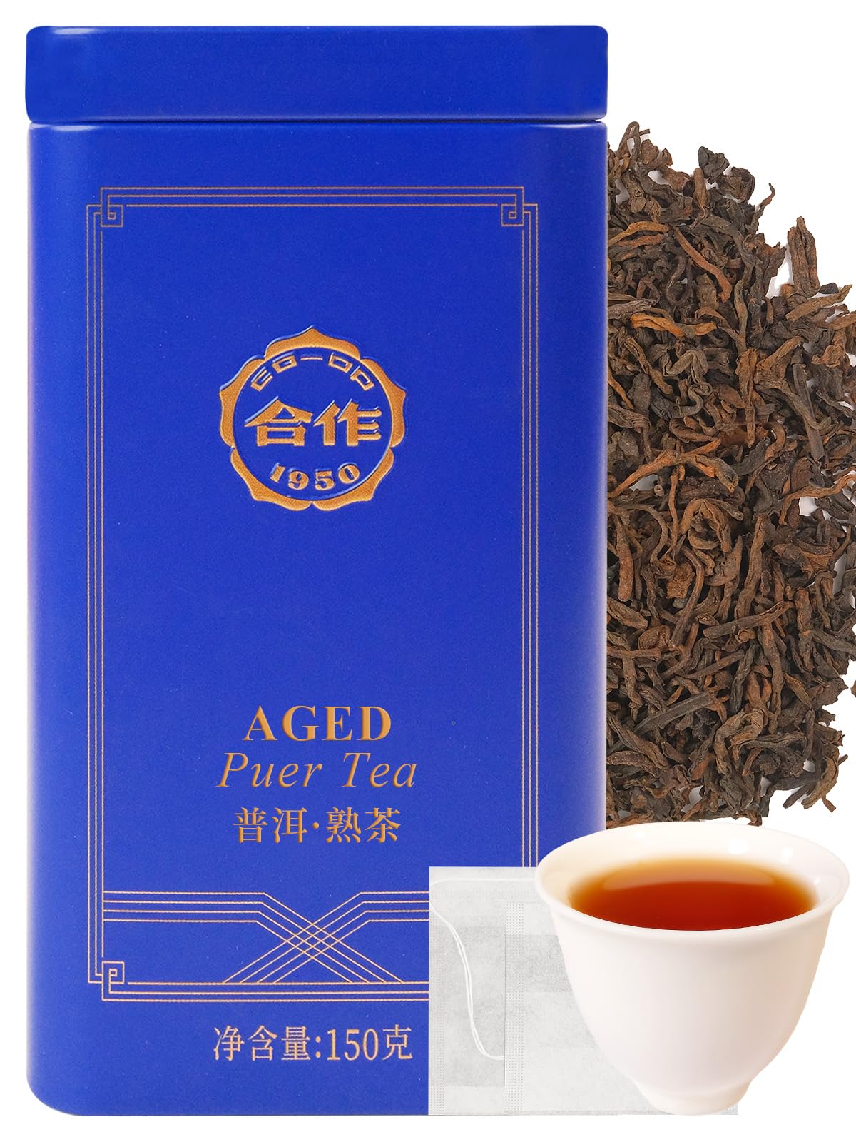 HEZUO Reifer Pu Erh Tee Lose 150g, Vegan, Premium Yunnan Ganze Lose Große-Blatt Puerh Fermentation Tee, Sanfter & Reichhaltiger, 20 Leere Teebeutel Enthalten
