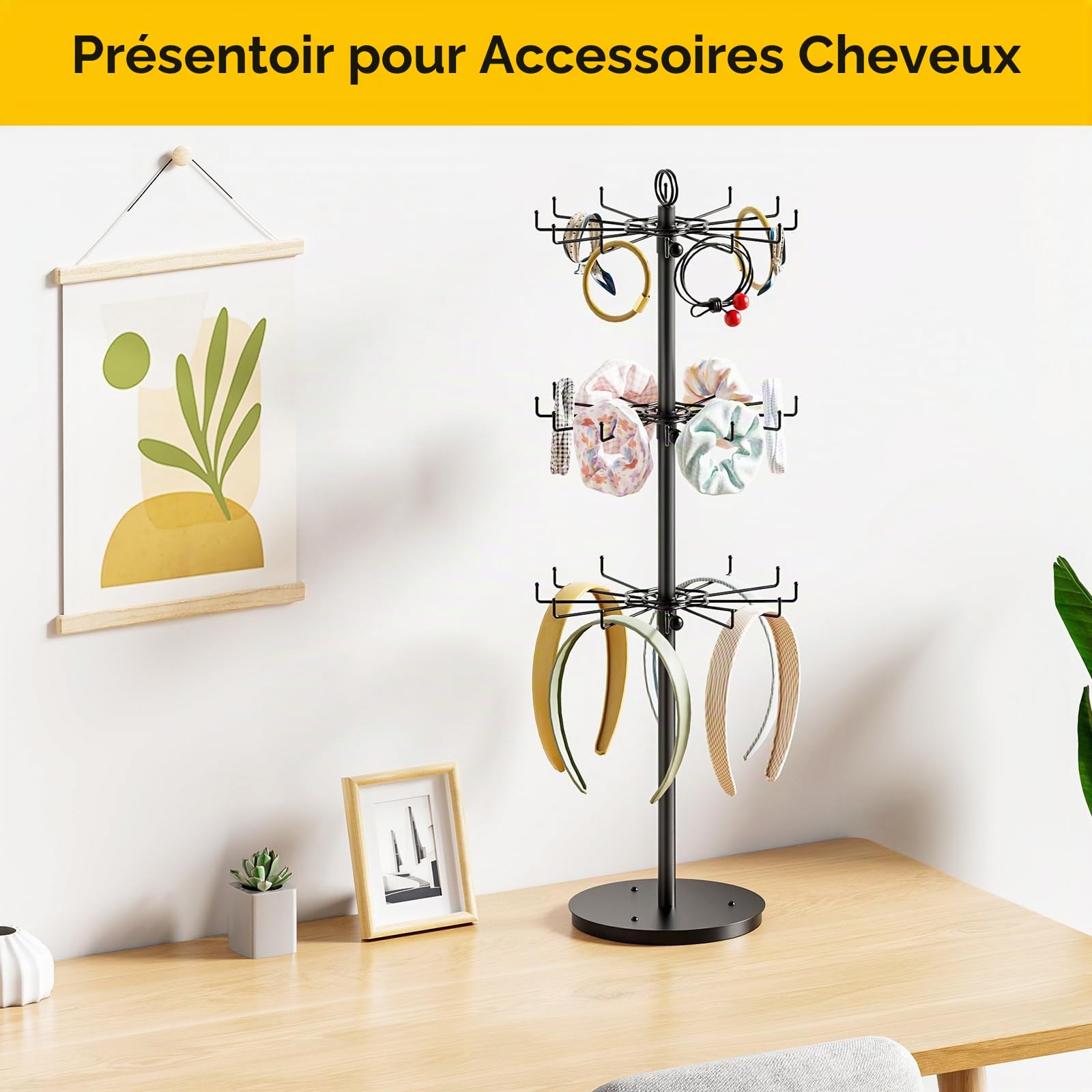 THYGIFTREE 3 niveaux de bijoux rotatifs, collier de hauteur réglable 36 crochets, écran métallique 360° pour organisateur de bijoux