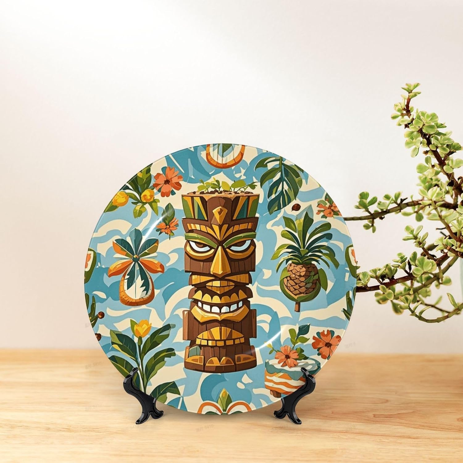 Decorative Plate 10in Dessert Plate Ornament Ceramic Plates with Display Vintage Aloha Tiki Pattern Bone China Decorative Plat Stand Hanging Porcelain Plate for Home Wall Decor
