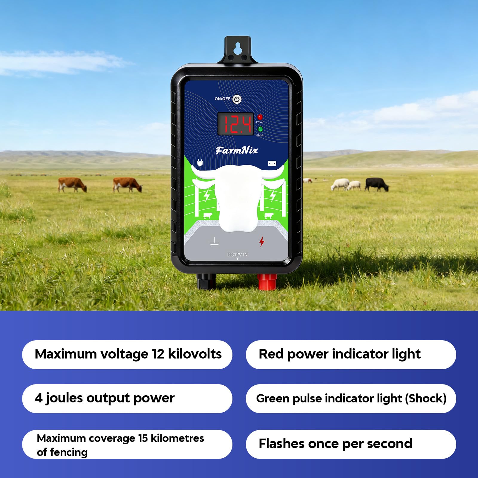 Electrificador de valla eléctrica de 4 julios, 24 km/15 millas, alimentación de energía/batería/solar – IP65 impermeable, impacto potente para la protección de los animales y disuasión de los grandes