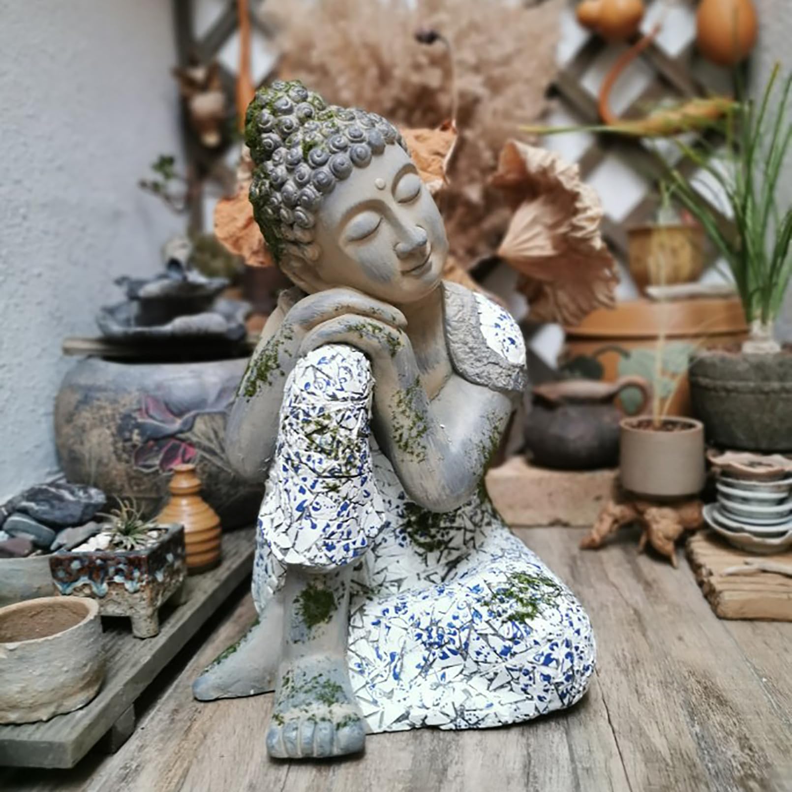 Buddha Figur groß 46 cm/4 kg Zen gartendeko für draußen wetterfest für Gartenliebhaber Geschenke,Magnesiumoxid,Grau